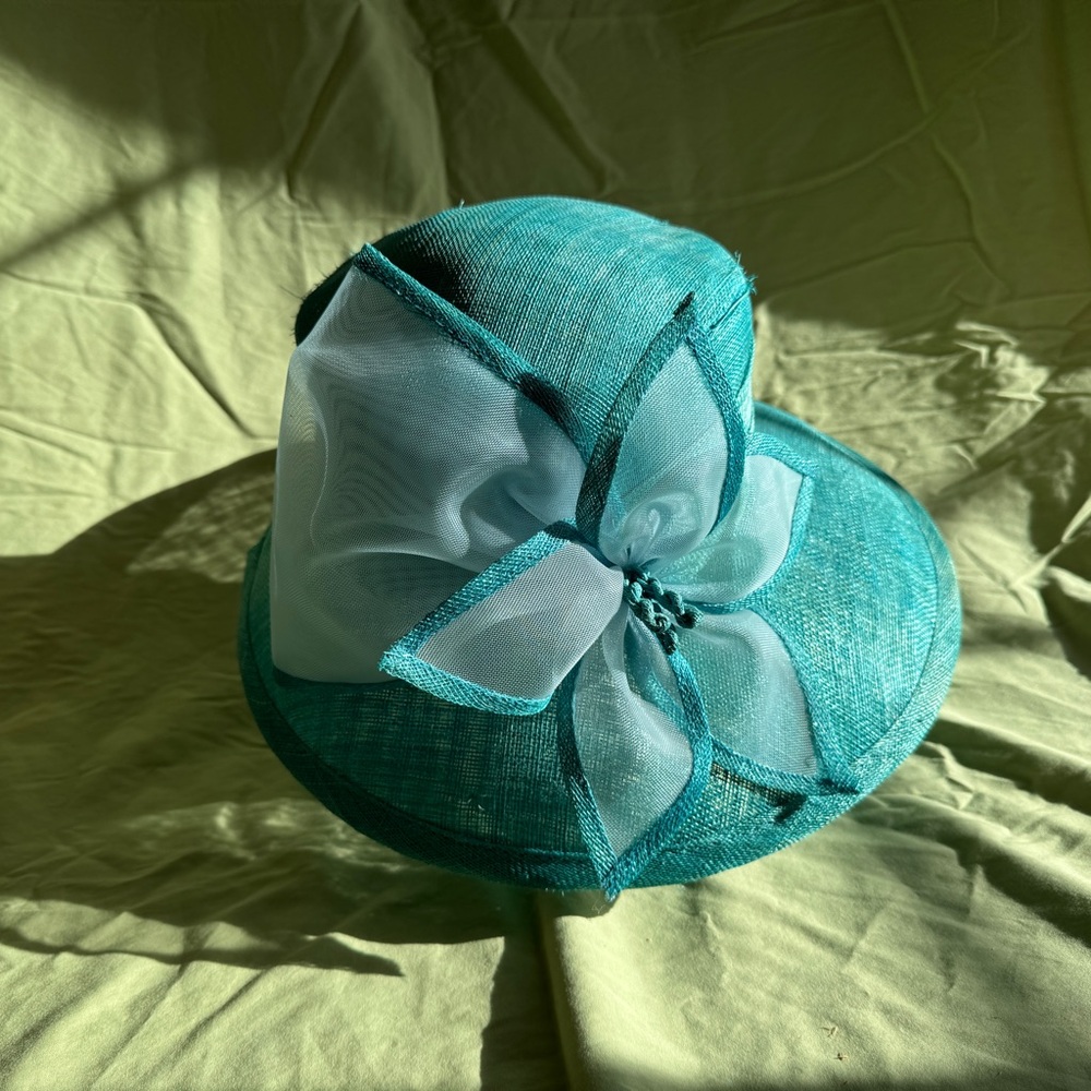 1980s Teal Structured Hat with Floral Embellishment